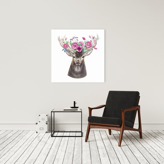 Brown Deer Romantic Canvas - Deer Head with Flowers Decor