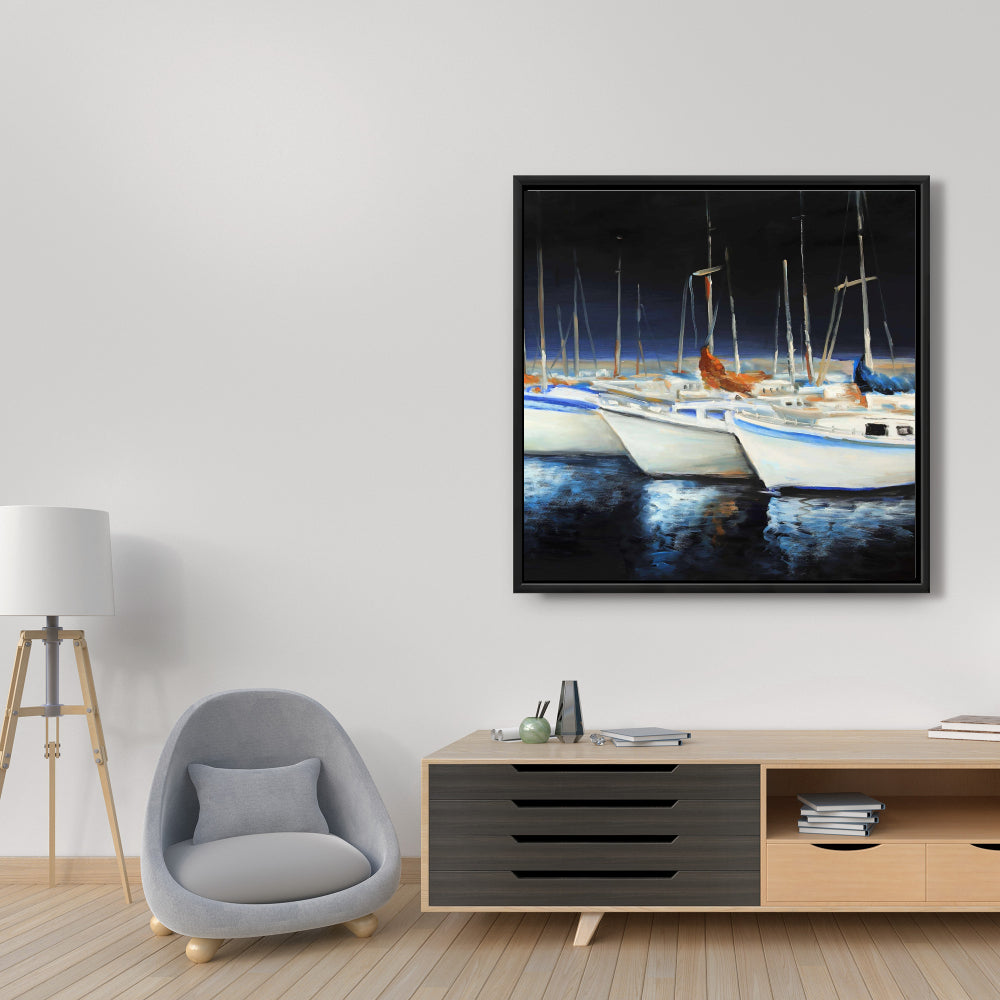 Toile « Bateaux de pêche à la marina » | Décoration murale encadrée bleue