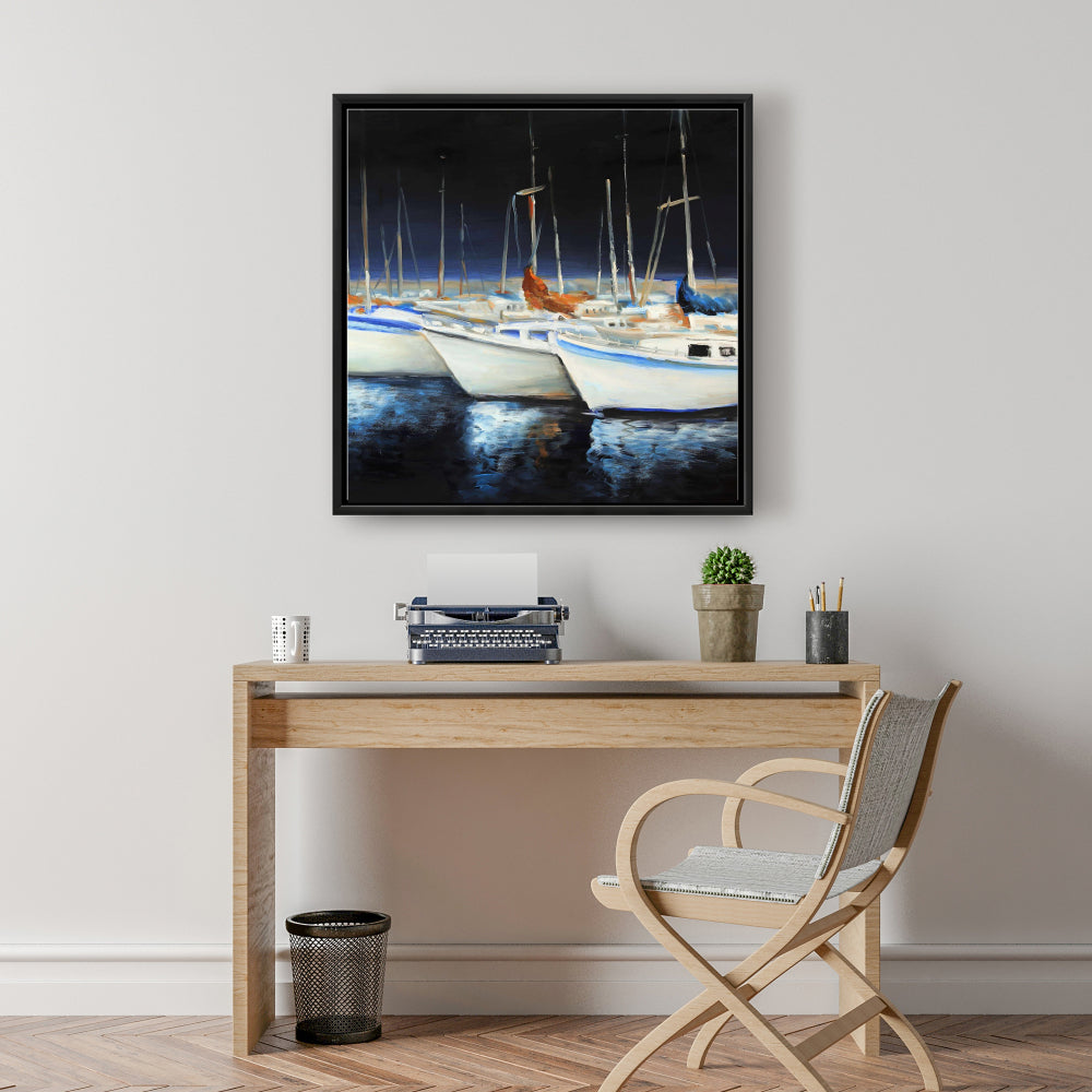 Toile « Bateaux de pêche à la marina » | Décoration murale encadrée bleue