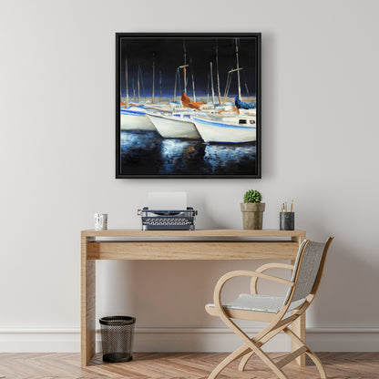 Toile « Bateaux de pêche à la marina » | Décoration murale encadrée bleue