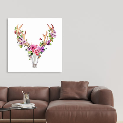 Rustic Deer Skull with Flowers Canvas - Home Decor Art