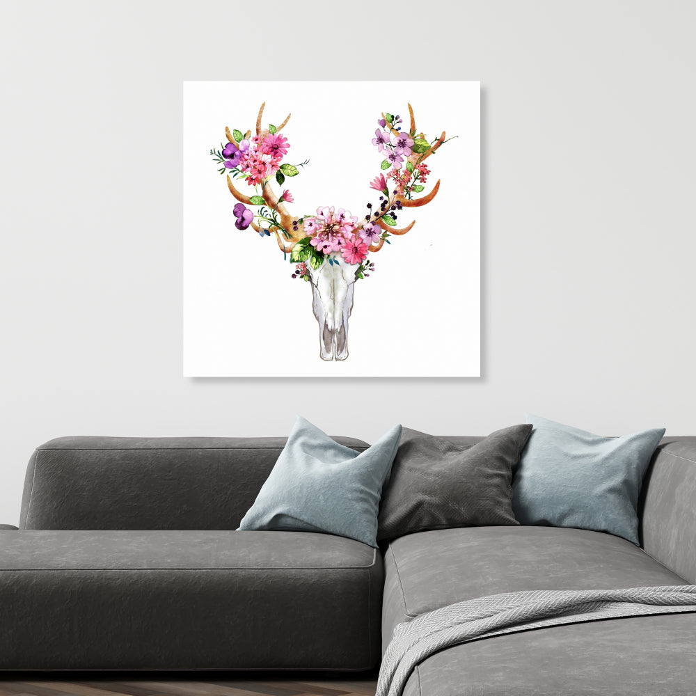 Rustic Deer Skull with Flowers | White Canvas Wall Art Decor