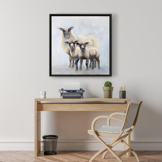 Toile bleue pour chambre à coucher : Famille de moutons | Décoration d'intérieur avec animaux de la ferme