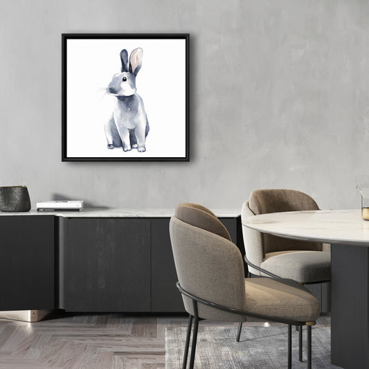 Toile encadrée « Lapin curieux gris » | Décoration de chambre scandinave