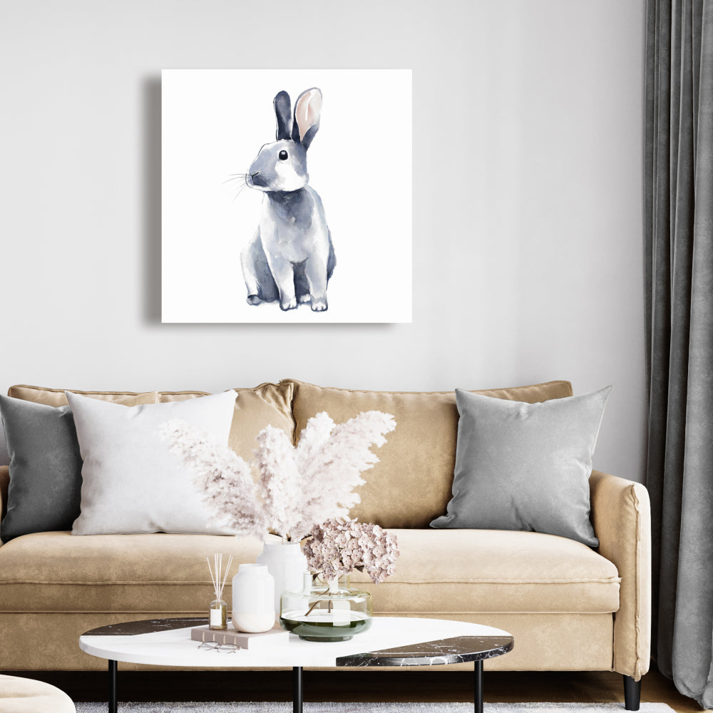 Gray Curious Rabbit Canvas | Scandinavian Animal Home Decor