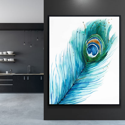 Longue plume de paon | Toile encadrée bleu oiseau, décoration d'intérieur