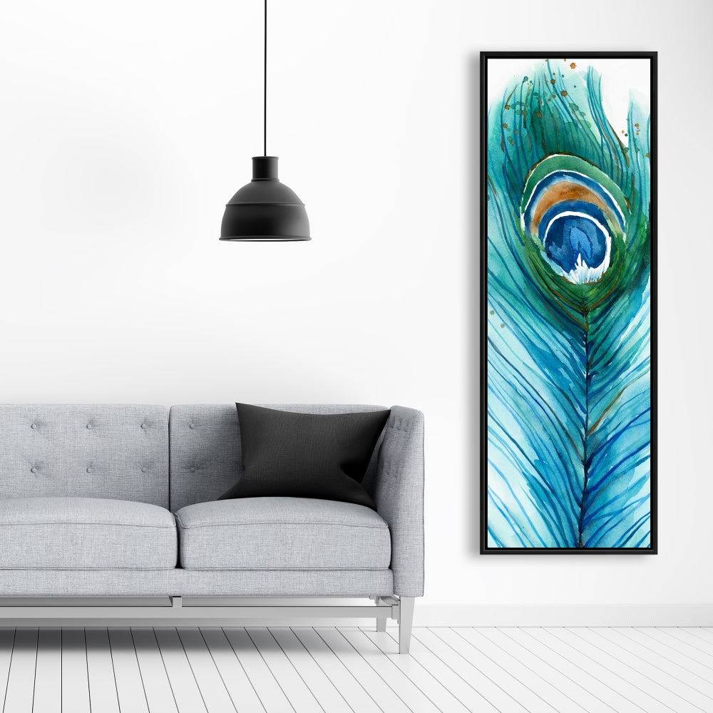 Longue plume de paon | Toile encadrée bleu oiseau, décoration d'intérieur