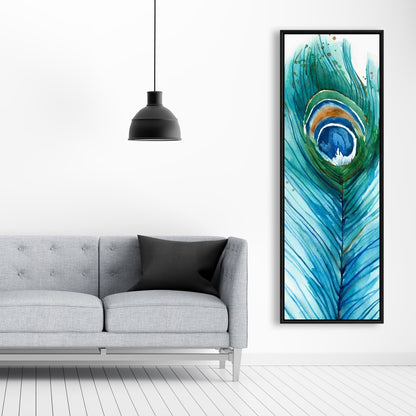 Longue plume de paon | Toile encadrée bleu oiseau, décoration d'intérieur