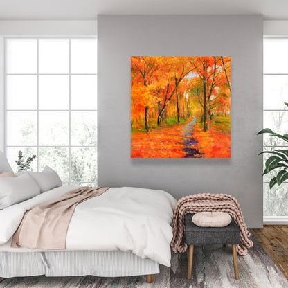 Autumn Trail in Forest Canvas | Orange Living Room Wall Art