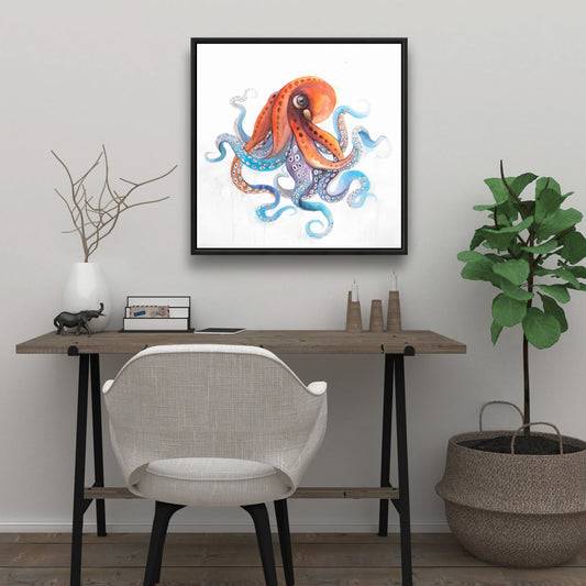 Toile encadrée représentant une pieuvre colorée et amusante – Décoration d'intérieur aquatique bleue