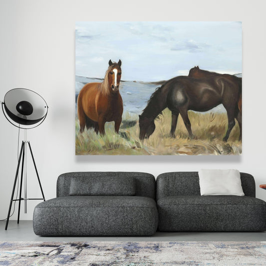Rustic Bedroom Canvas | Horses Eating in Meadow Wall Art