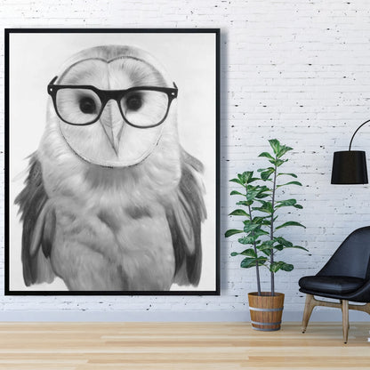 Barn Owl with Glasses | White Framed Canvas Home Decor