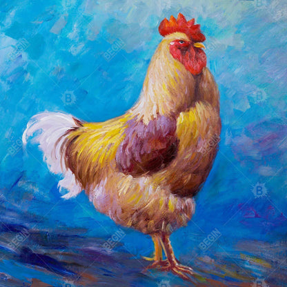 Magnifique toile représentant un coq de ferme - Décoration d'intérieur encadrée bleue