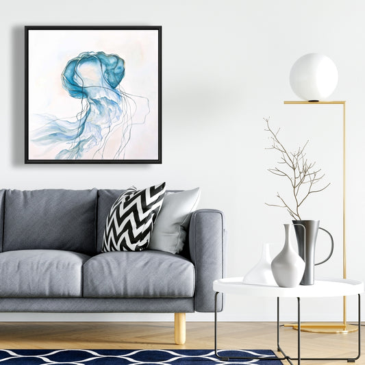 Toile encadrée bleue représentant une méduse en mouvement | Décoration de chambre animalière