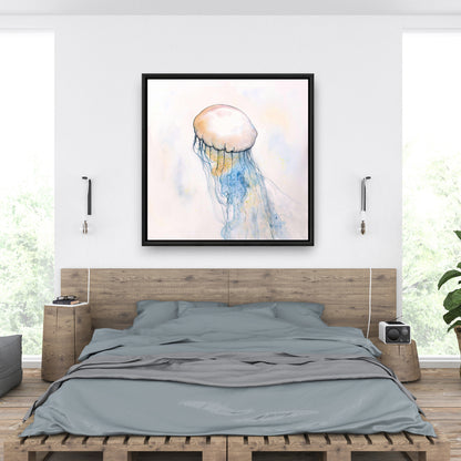 Toile aquarelle méduse - Décor aquatique encadré bleu