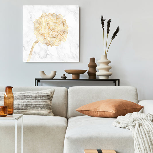 Golden Peony White Floral Canvas | Home Decor Botanical Art