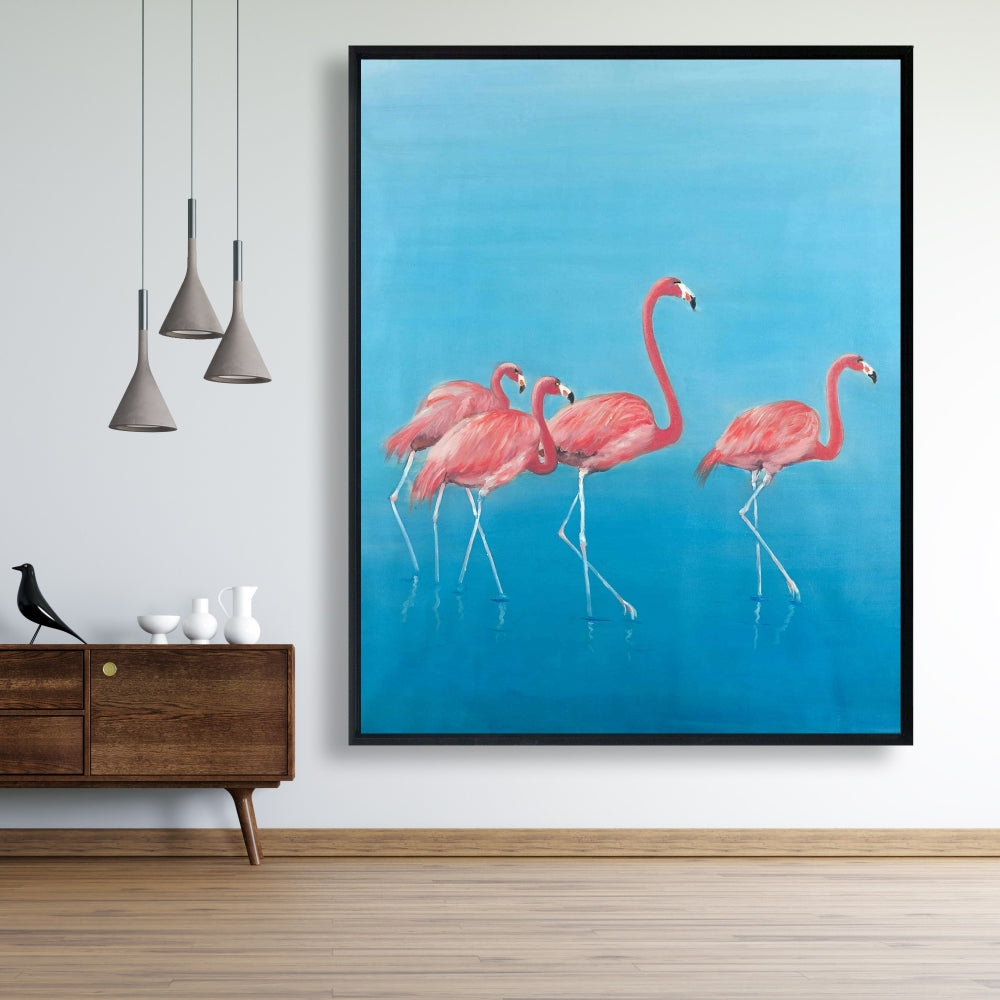 Blue Exotic Bird Canvas | Four Flamingos Framed Home Decor