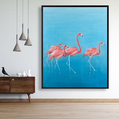 Blue Exotic Bird Canvas | Four Flamingos Framed Home Decor