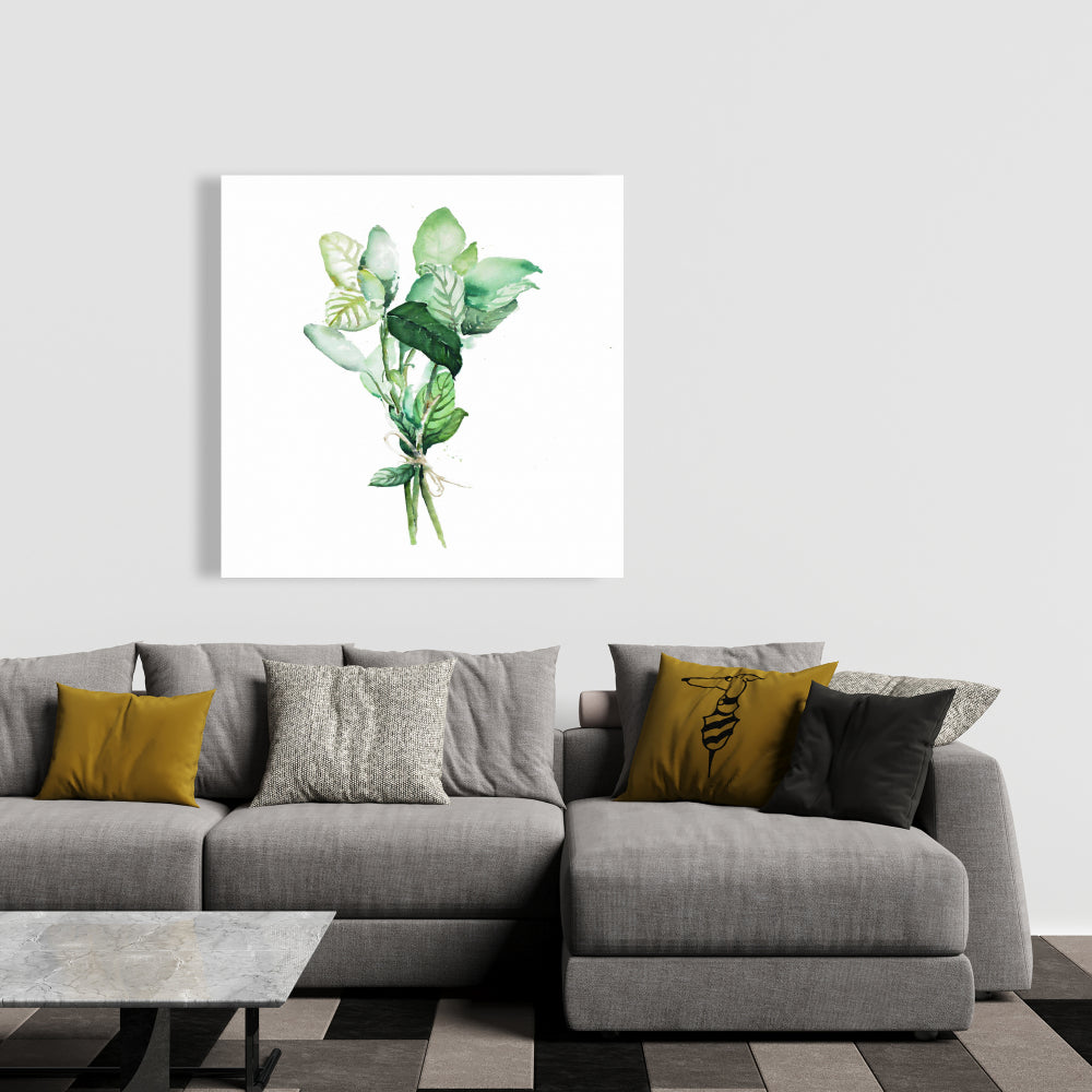 Tied Up Basil Leaves Canvas | White Kitchen Wall Decor