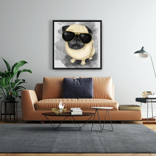 Toile encadrée « Carlin avec style » – Décoration d'intérieur pour animaux de compagnie