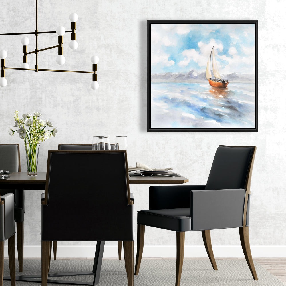 Blue Coastal Bedroom Framed Canvas | Sailboat Landscape Decor