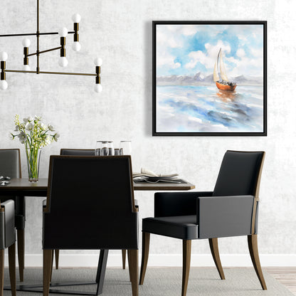 Blue Coastal Bedroom Framed Canvas | Sailboat Landscape Decor