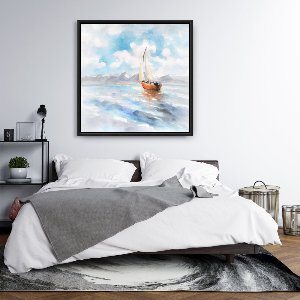 Blue Coastal Bedroom Framed Canvas | Sailboat Landscape Decor