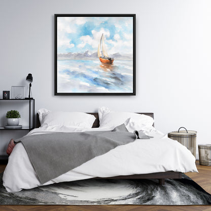 Blue Coastal Bedroom Framed Canvas | Sailboat Landscape Decor