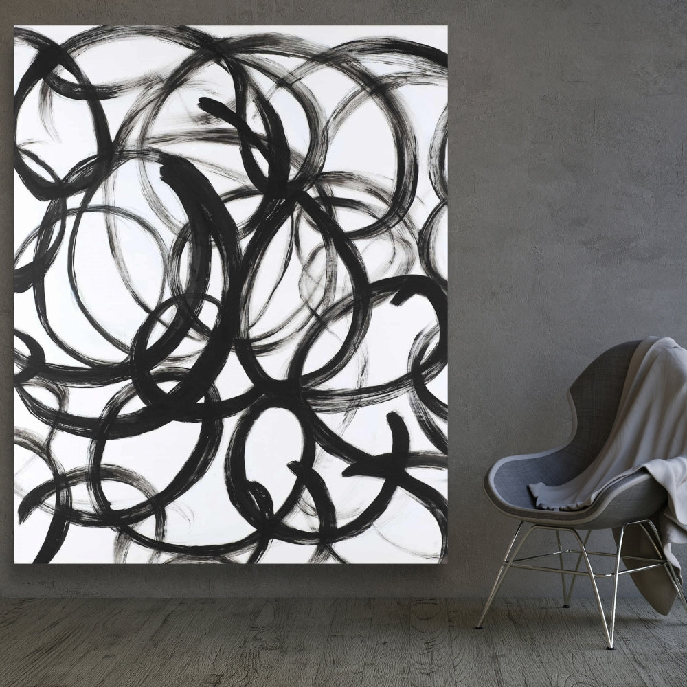 Toile blanche minimaliste abstraite aux lignes bouclées - Décoration d'intérieur