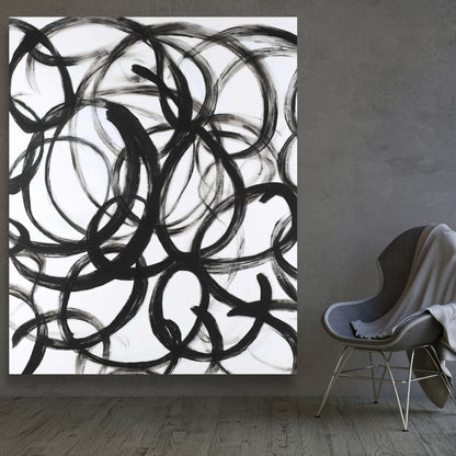 Toile blanche minimaliste abstraite aux lignes bouclées - Décoration d'intérieur