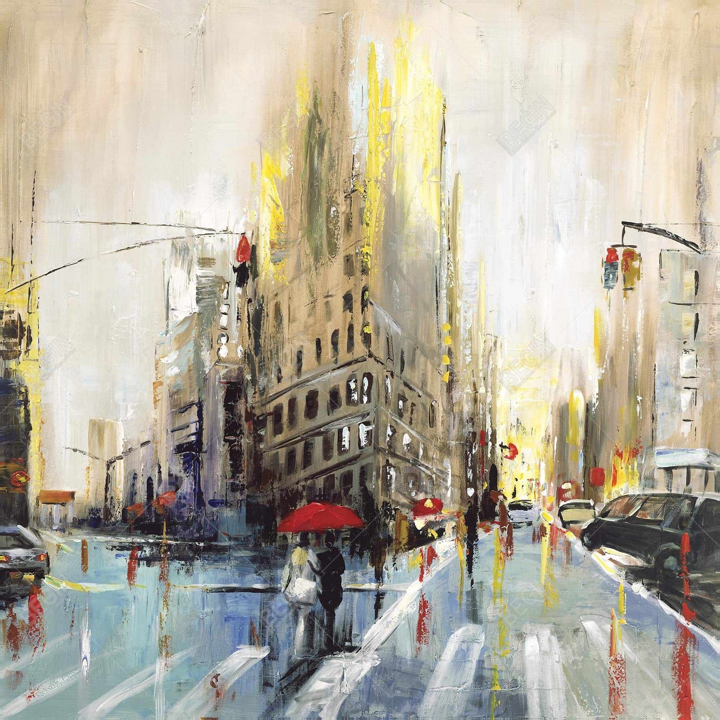 Toile beige abstraite « Rue pluvieuse » | Décoration de chambre urbaine