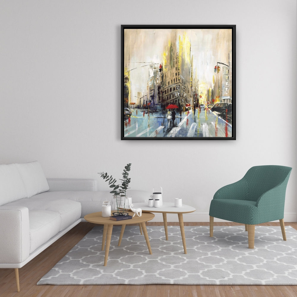 Toile beige abstraite « Rue pluvieuse » | Décoration de chambre urbaine