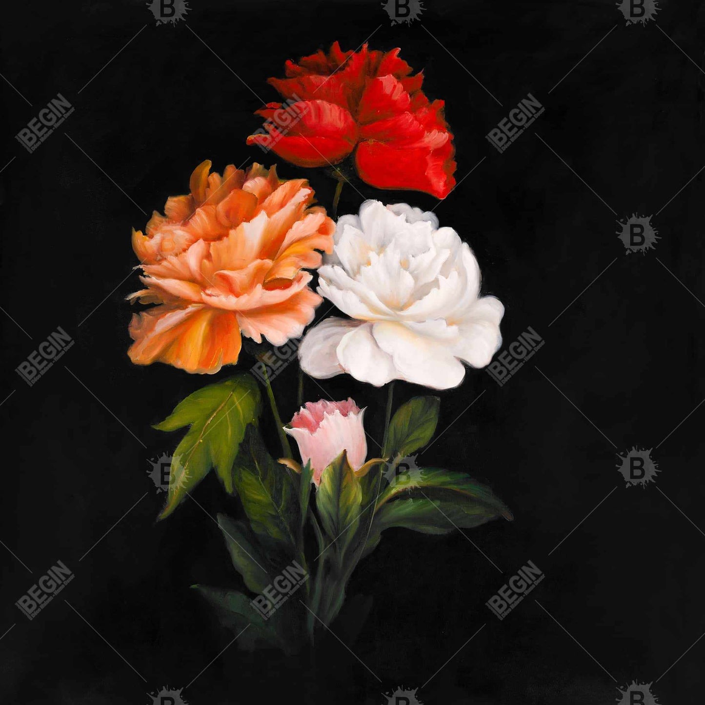 Romantic Black Floral Canvas - Three Beautiful Rose Flowers Decor