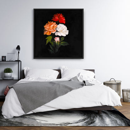 Toile encadrée noire pour chambre à coucher | Décoration florale à trois roses