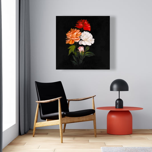 Romantic Black Floral Canvas - Three Beautiful Rose Flowers Decor