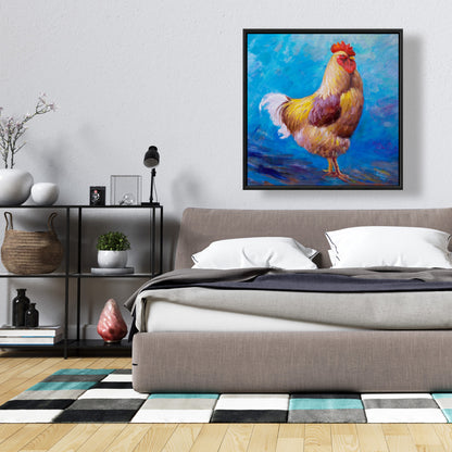 Magnifique toile représentant un coq de ferme - Décoration d'intérieur encadrée bleue