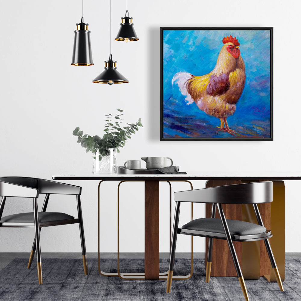 Magnifique toile représentant un coq de ferme - Décoration d'intérieur encadrée bleue