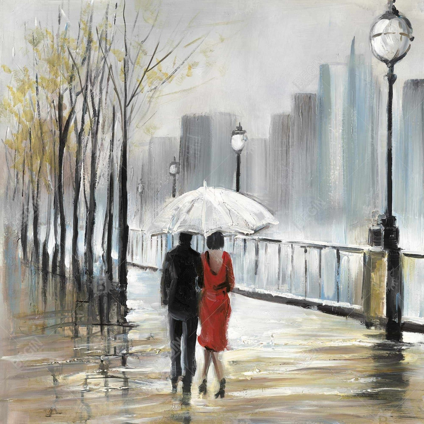 Toile Arbres contemporains | Décor Couple marchant sous la pluie