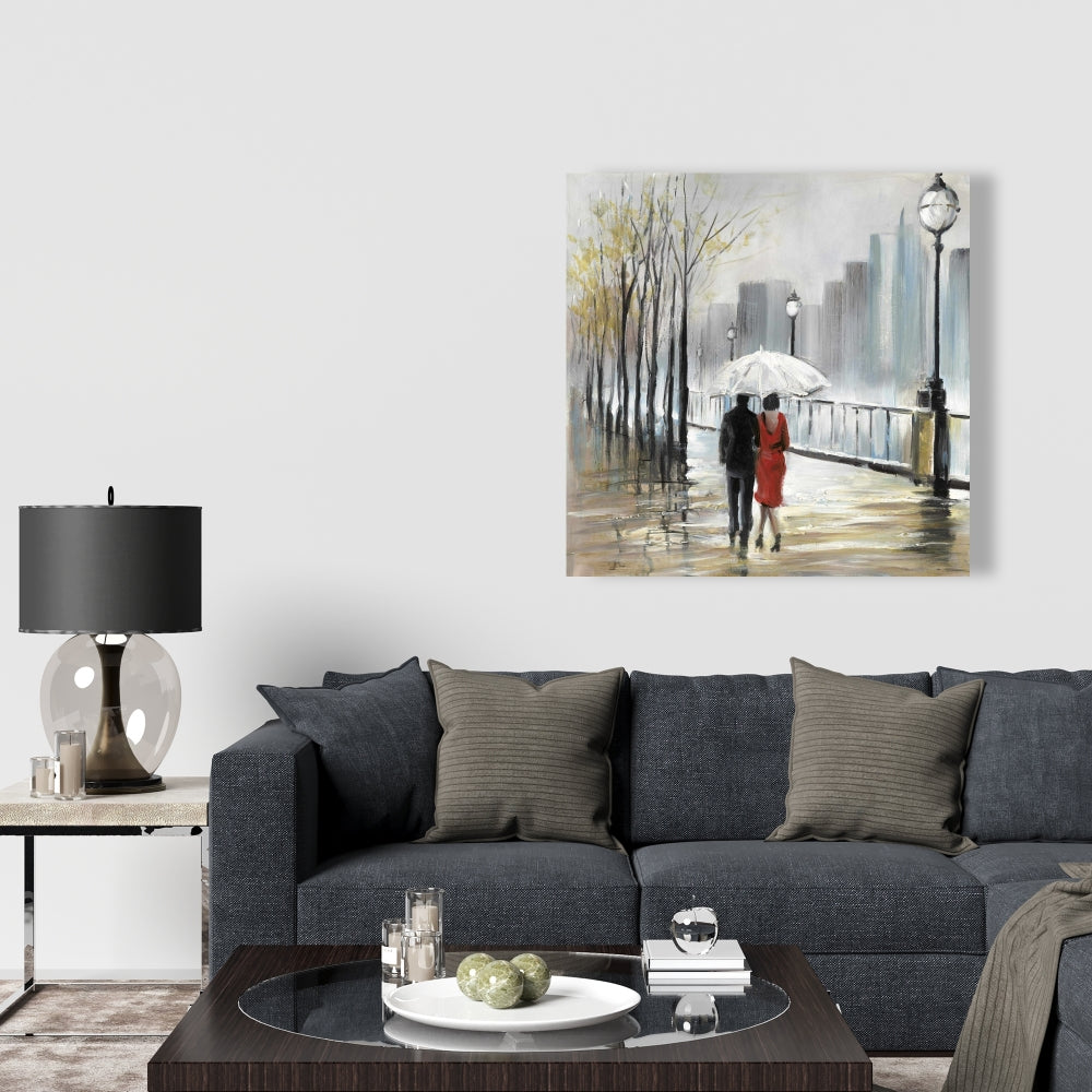 Couple marchant sous la pluie sur toile grise - Décoration de chambre à coucher avec arbres