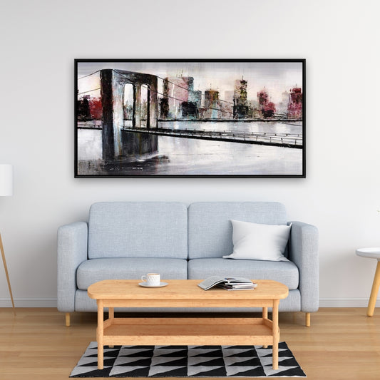 Abstract Bridge Cityscape | Gray Building Framed Canvas Decor