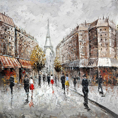 Toile encadrée représentant une rue animée de Paris – Bâtiment brun