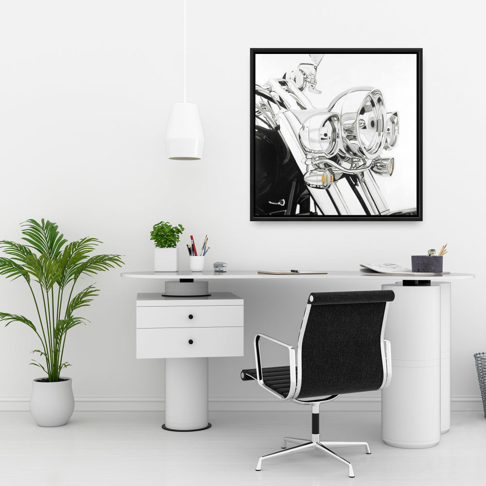 Toile lumineuse moto | Cadre industriel blanc | Décoration d'intérieur