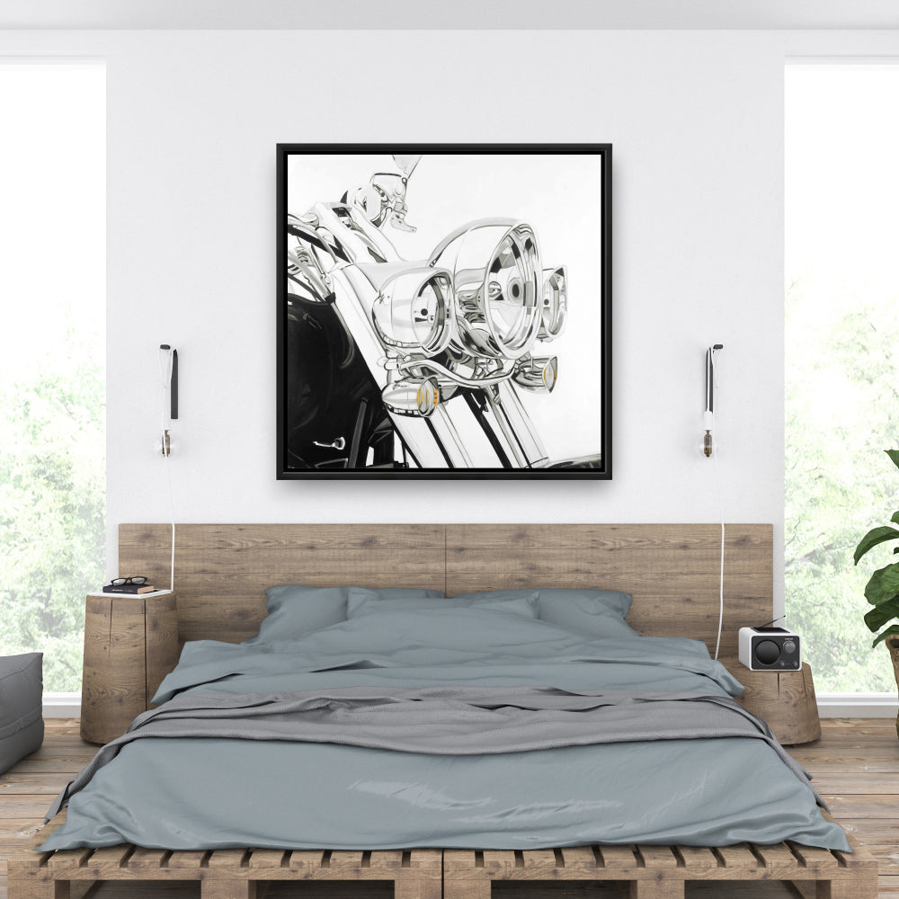 Toile lumineuse moto | Cadre industriel blanc | Décoration d'intérieur