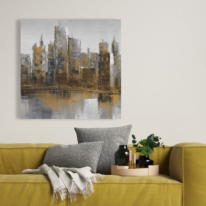 Gray and Yellow Cityscape Canvas | Brown Bedroom Decor