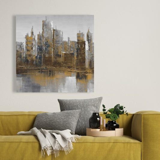 Gray and Yellow Cityscape Canvas | Brown Bedroom Decor