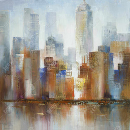 Paysage urbain dans le brouillard sur toile bleue | Décoration d'intérieur moderne