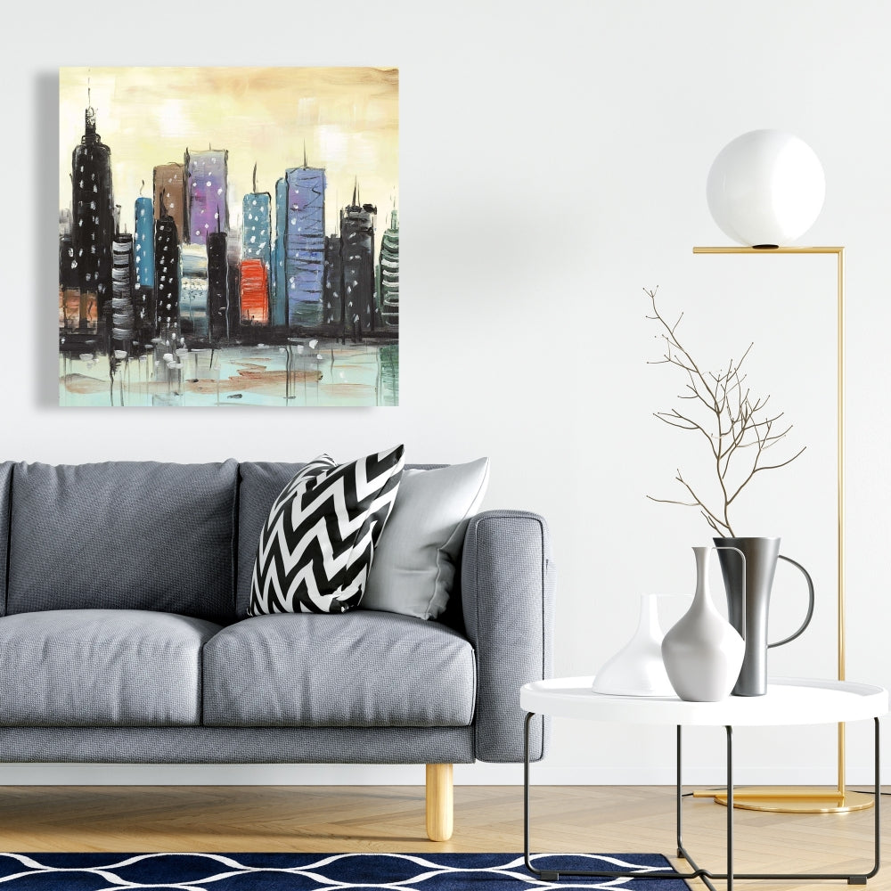 Skyline on Abstract Cityscape - Blue Canvas for Modern Bedroom