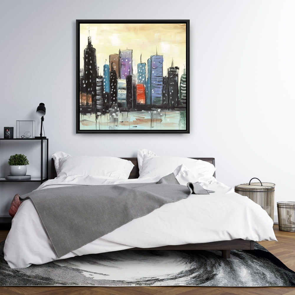 Blue Skyline Abstract Cityscape | Framed Canvas Home Decor
