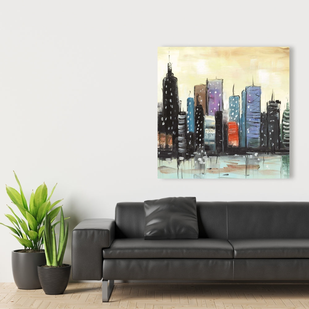 Skyline on Abstract Cityscape - Blue Canvas for Modern Bedroom