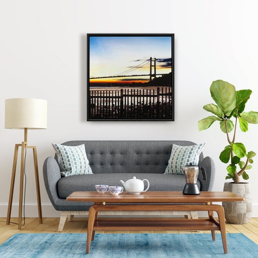 Toile encadrée « Pont au coucher du soleil » – Décoration murale bleue pour chambre à coucher